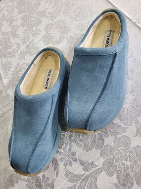 NIB 90s Y2K  Steve Madden Women's Blue Suede Clog Slippers Sherpa Lining Size 7M
